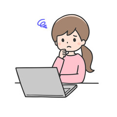 パソコンの前で困った表情をする女性