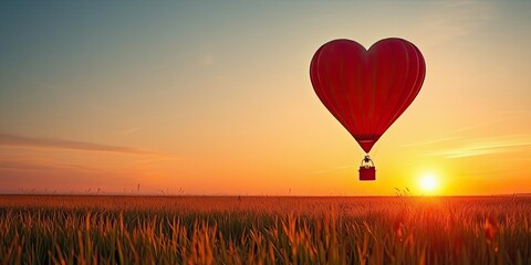 Fototapeta premium Heart Shaped Hot Air Balloon Sunset Flight over Golden Field