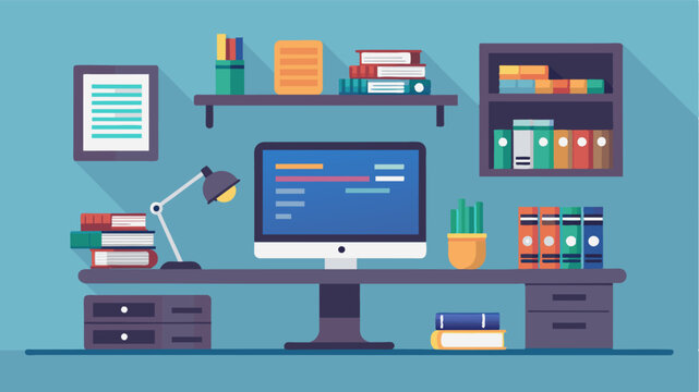 An organized office space with coding books neatly arranged on a bookshelf next to a sleek modern desktop computer.. Vector illustration