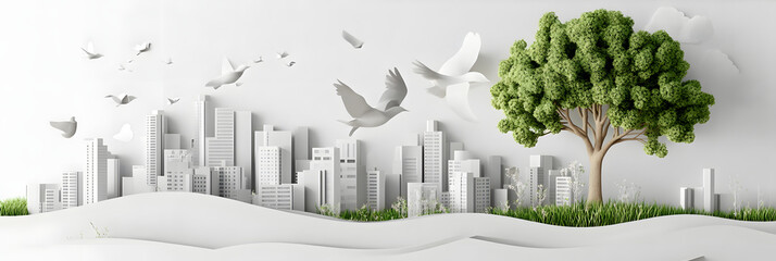 The person who knows. Tree, Achieve sustainable growth, World Environment Day. White eco urban city and nature landscape background paper art style.