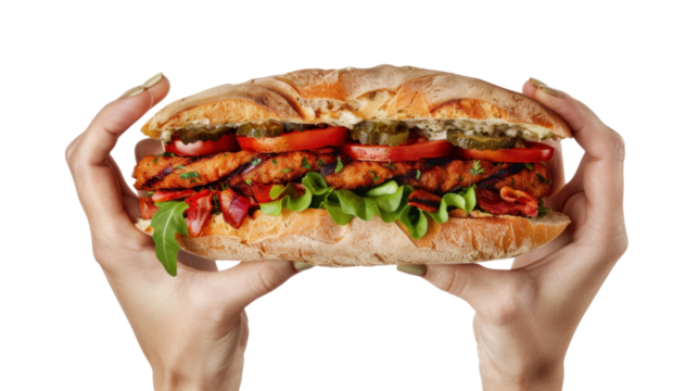 Woman holding tasty sandwich with chicken, tomatoes, lettuce and pickles on transparent background