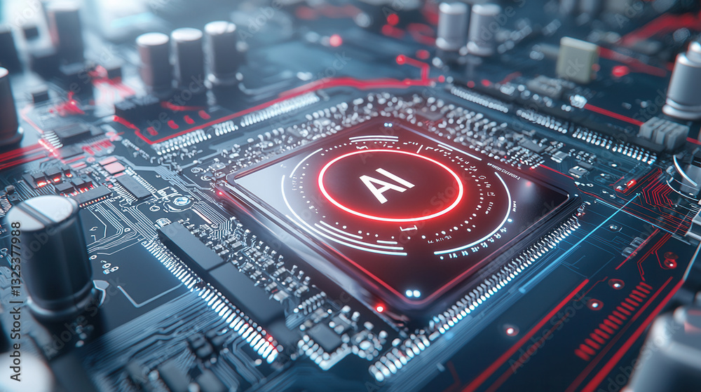 Poster close up view of a futuristic red colored microchip in the center of an intricate high tech circuit 