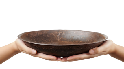 Two hands holding empty old wooden bowl on transparent background