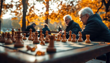 In the heart of the park, bathed in the golden hues of autumn, a group of elderly friends gathers around a chessboard, their faces etched with years of wisdom and shared experiences Each move is