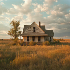 Fototapeta premium Weathered White Farmhouse in Golden Fields Under a Partly Cloudy Afternoon Sky
