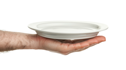 Chef holding empty white plate on transparent background