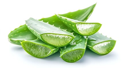 Fototapeta premium Top view of fresh sliced Aloe Vera leaf isolated