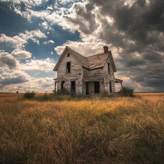Obraz premium Abandoned White Farmhouse in Tall-Grass Field Under a Cloudy Rural Sky