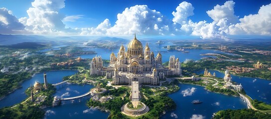 Fototapeta premium Grand golden palace dominates the lush island landscape beautifully