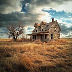 Fototapeta premium Weathered Farmhouse in Golden Field Under a Partly Cloudy Evening Sky