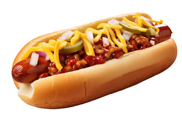 chili dog with cheese on transparent background