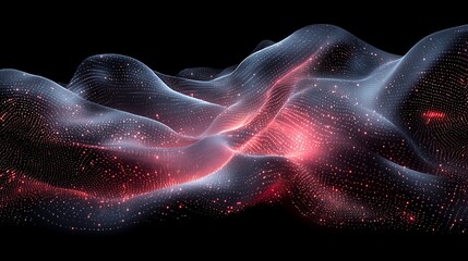 Abstract glowing red and blue dotted mesh waves on black
