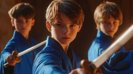 Three Young Boys Practice Swordsmanship In Blue Kimonos