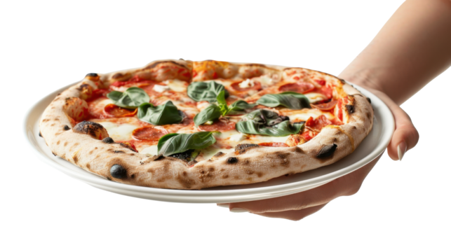 Chef holding delicious neapolitan pizza with pepperoni, mozzarella and basil on transparent background - Powered by Adobe