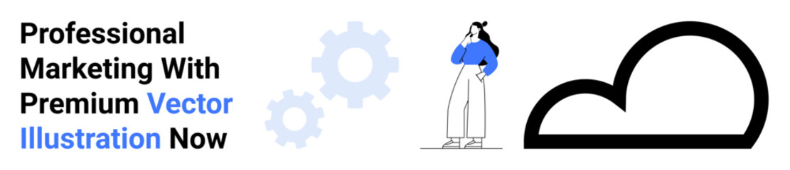 Woman in a blue shirt thinking, cloud outline, gear icons signify innovation, strategy, and marketing. Ideal for technology, teamwork, branding, advertising creativity problem-solving and flat