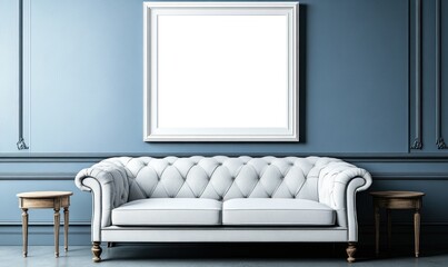 White sofa, blank frame, blue wall, classic room, interior design mockup