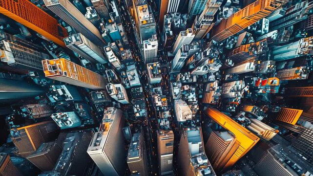 Aerial urban metropolis kaleidoscope with dynamic twisting skyscrapers and vibrant lights