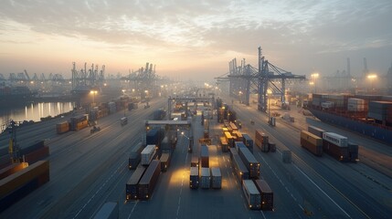Obraz premium An expansive high tech freight corridor at dusk with a fleet of cargo containers and cranes in a bustling industrial port setting