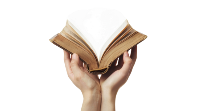 Two hands holding open book with blank pages on transparent background
