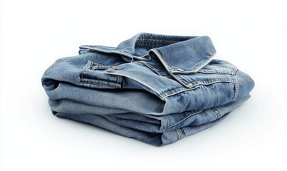 Folded Denim Jacket on White Background for Fashion Display, Perfect for Online Retail and Fashion Marketing, Showcasing Style and Versatility in Apparel Photography.