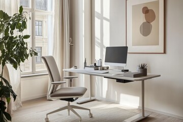 Fototapeta premium Scandinavian-style office setup featuring minimalist desk and neutral colors for a modern workspace