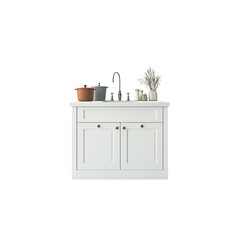 3D rendering of simple white kitchen cabinet with sink and pot on top, front view, white background