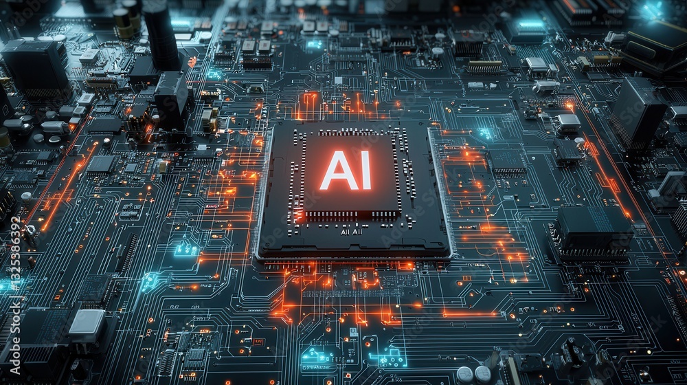 Poster a rendering of a complex glowing cybernetic circuit board featuring advanced intelligence components