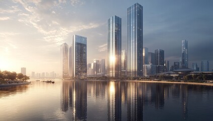 Fototapeta premium Modern Skyscrapers Reflecting on Calm Water at Sunset, Cityscape Beauty with Stunning Architecture and Urban Design