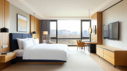 Lavish and serene bedroom featuring a plush tufted king size bed sleek wooden furniture and large offering a peaceful view