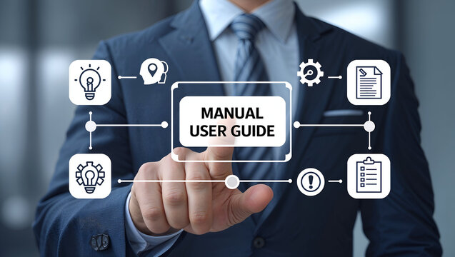 A businessman interacts with a virtual touchscreen, selecting the option labeled 'MANUAL USER GUIDE.'. MANUAL USER GUIDE. Manual User Guide Interface for Business Process Instruction and Documentation