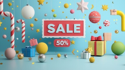 A lively and colorful holiday themed sale advertisement featuring various festive a prominent 50 discount sign creating an enticing and celebratory shopping atmosphere