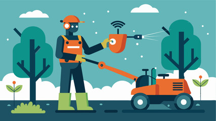 Fototapeta premium WeatherProof Technology Rain or shine these autonomous pruners can work tirelessly adjusting their functions to the changing weather conditions to ensure maximum efficiency.. Vector illustration