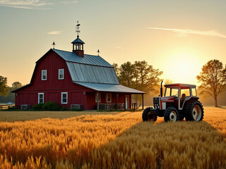 Fototapeta premium Tranquil Sunrise Over a Red Barn and Tractor in Golden Wheat Field