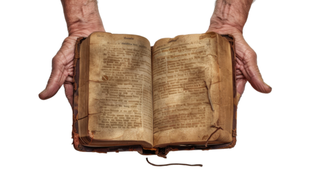 Senior man holding open antique book with transparent background