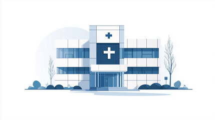 Naklejka premium Minimalist vector illustration of a modern hospital building with a clean, geometric design and a prominent healthcare cross symbol, 