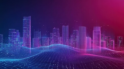 Digital city technology concept, dot matrix through the line and gradient color wave line design connection, show big data interconnection, digital innovation.
