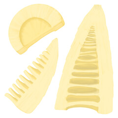 皮を剥いてカットした筍のイラスト素材セット、春の味覚、旬の野菜