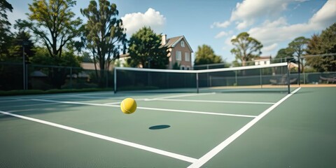 Tennis Ball in Flight over Green Court Sunny Day Residential Background