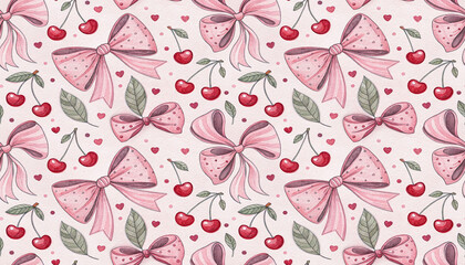 hand drawn watercolor style of red cherries with pink bows seamless pattern background modern design