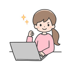 パソコンの前でガッツポーズをする女性