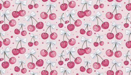 hand drawn watercolor style of red cherries with pink bows seamless pattern background modern design