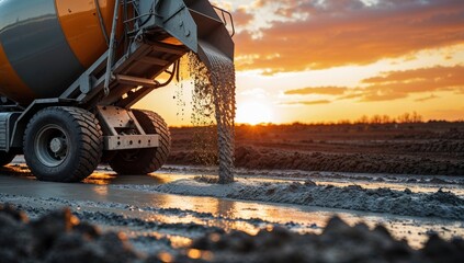 Pouring concrete from a mixer truck during sunset