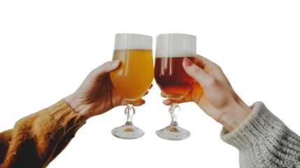 Two friends toasting with beer glasses on transparent background