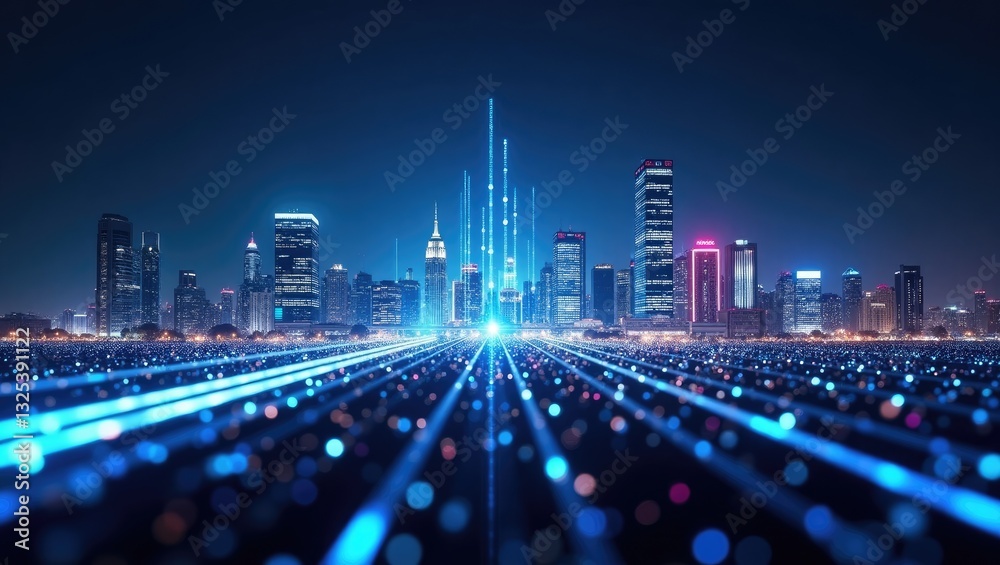 Poster smart city and abstract dot points connected by gradient lines, concept of big data connection techn