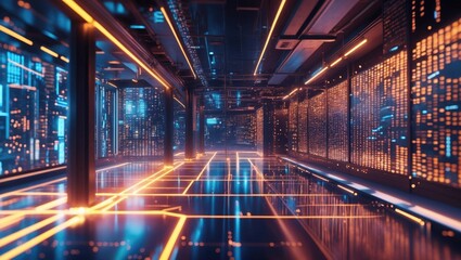 Fototapeta premium Smart city featuring a particle glowing light connection design, big data connectivity technology concept.