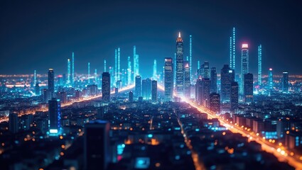 Fototapeta premium Smart city and abstract dot point connected by gradient lines, big data connectivity technology concept.