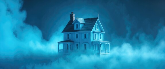 Small house vanishes against a blue background.