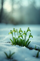 Small green snowdrops appear above a light covering of snow. Selective focus - concept of new beginning.