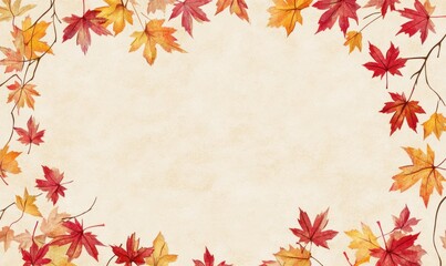 Autumn Maple Leaves Watercolor Frame Beige Background Design