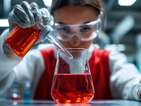 Industrial chemist in protective gear pouring liquid into a beaker, scientific atmosphere